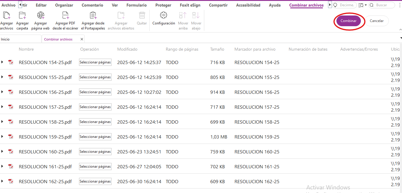 Ventana de combinar archivos en Foxit